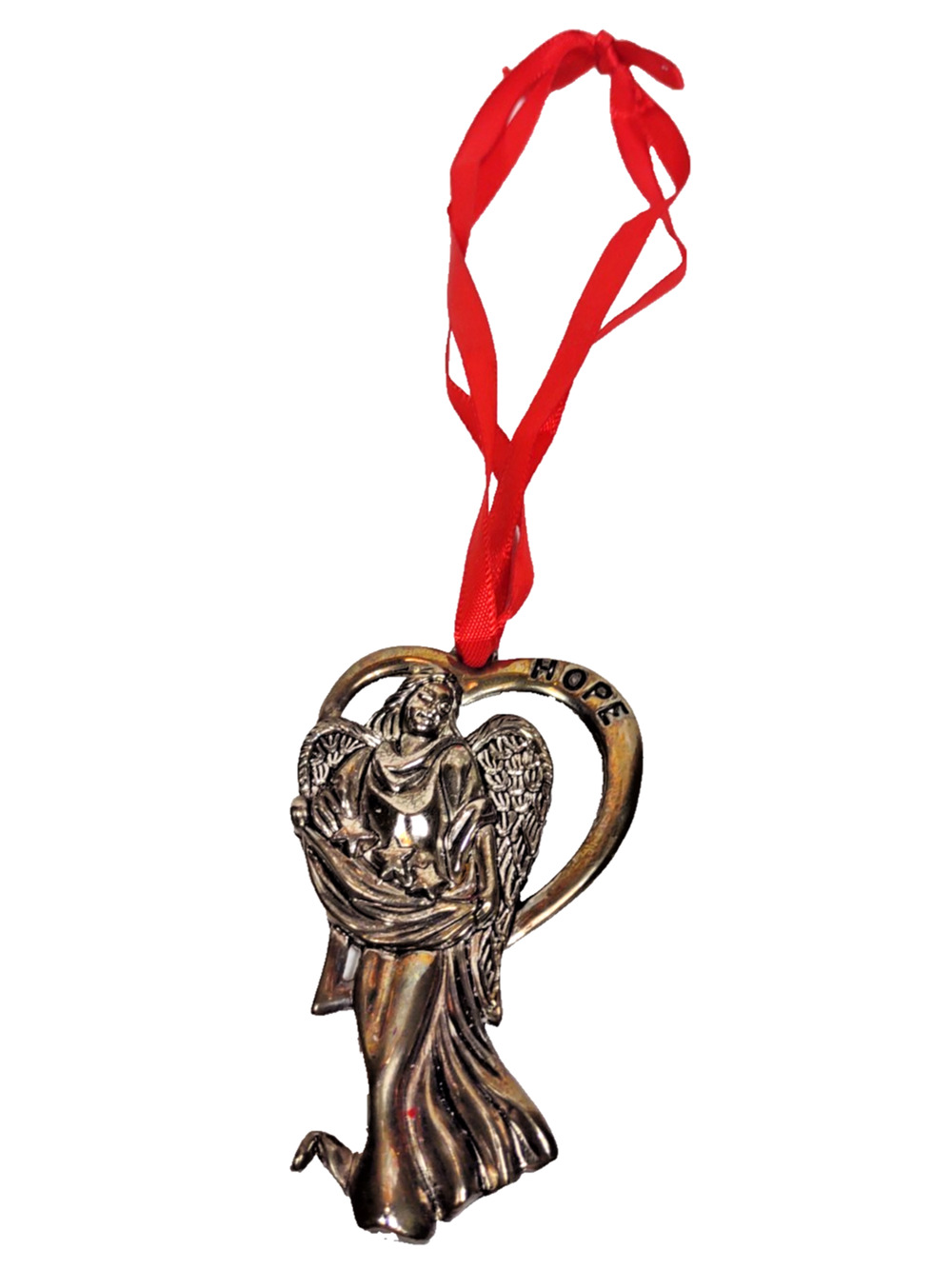 VTG Lenox Silver Plated Angel Christmas Ornament HOPE w Red Ribbon 3.25”